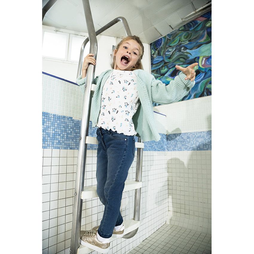 T-shirt manches longues côtelé imprimé fleuri pour fille - Ecru