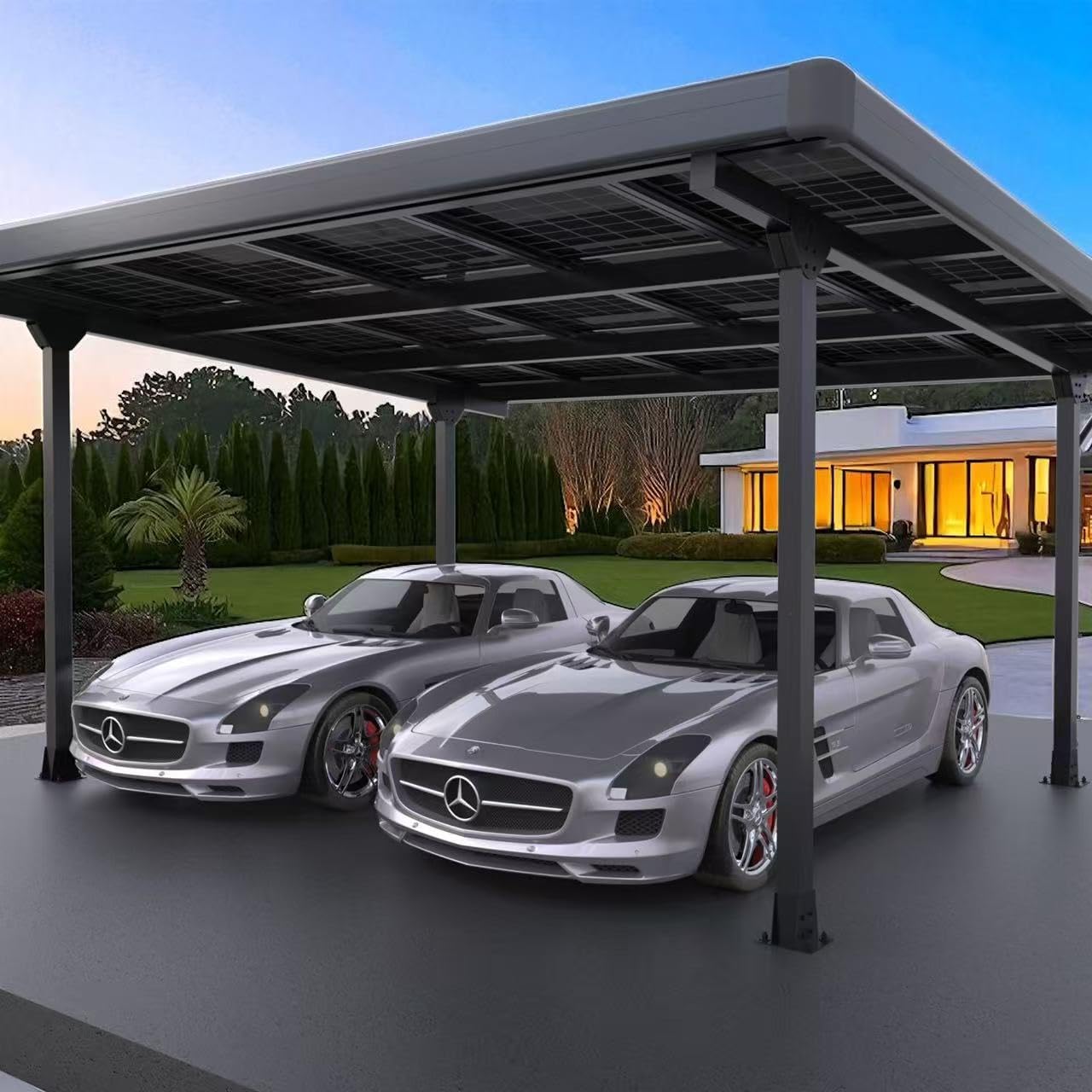 Doppelcarport Carport Gestell für 2 Autos mit Dachverkleidung + Regenrinne, Schwarz
