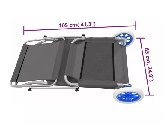 Chaise longue pliable avec auvent et roues Acier Gris