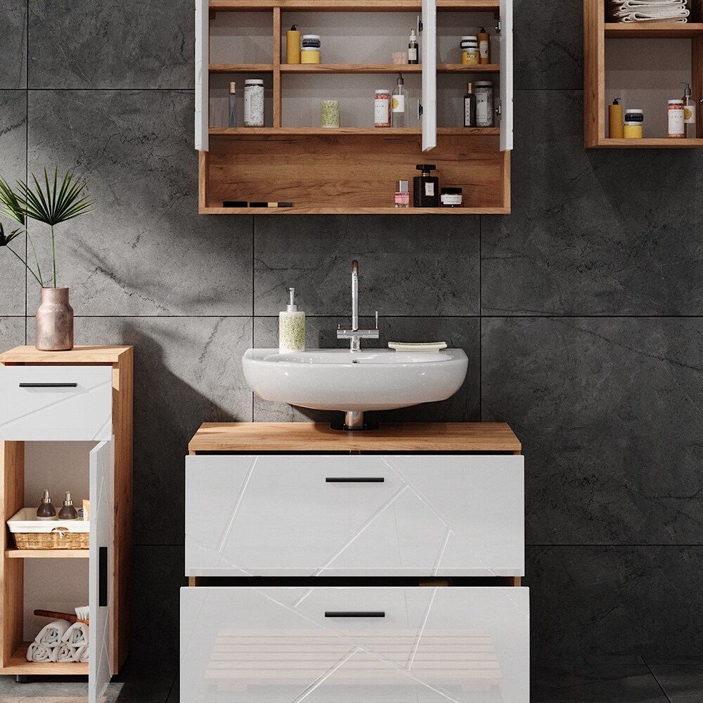 Vicco Badmöbelset Irma Eiche Weiß Hochglanz modern 80 cm 30 cm Badezimmerschrank Badschrank Badezimmermöbel Waschtischunterschrank Spiegelschrank Midischrank Hängeschrank Schranktür Schrankschublade