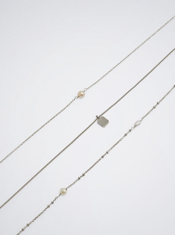 Conjunto de colar com pérolas e medalhas - Prata