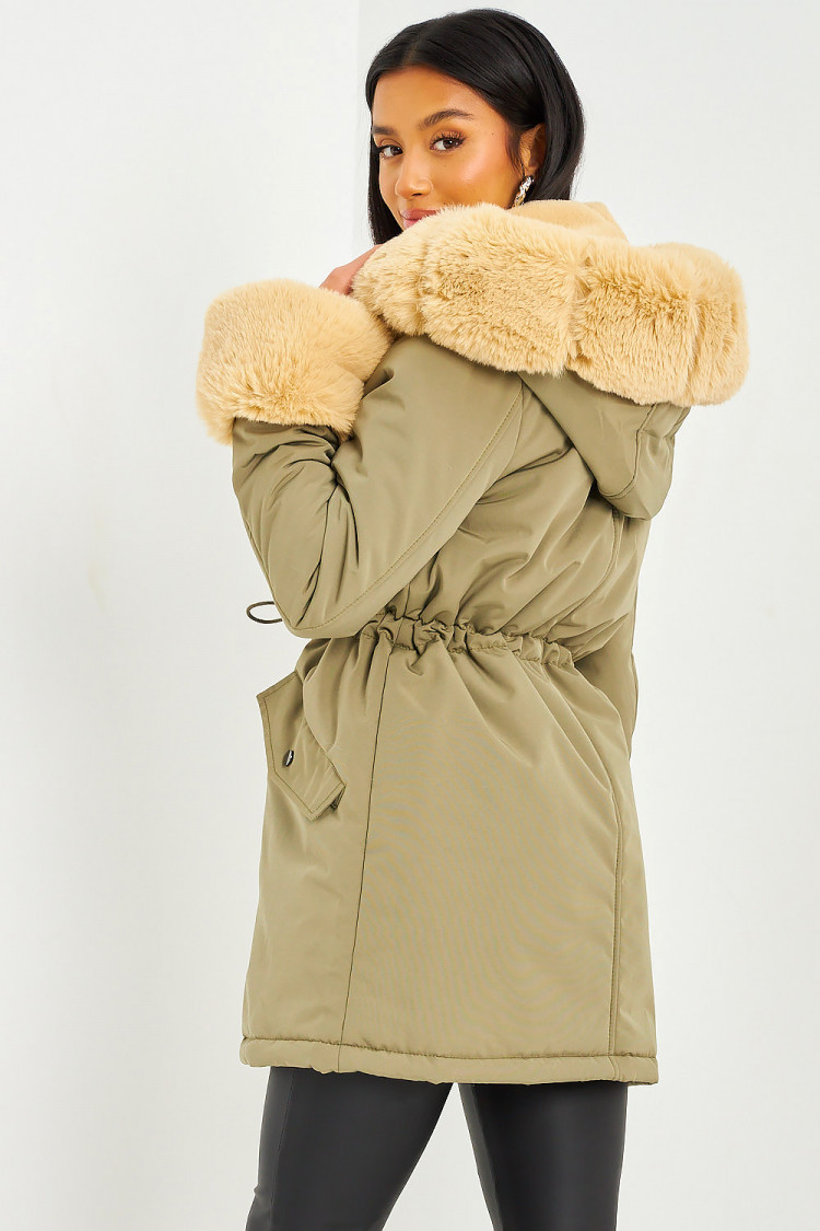 Parka kaki à fourrure beige
