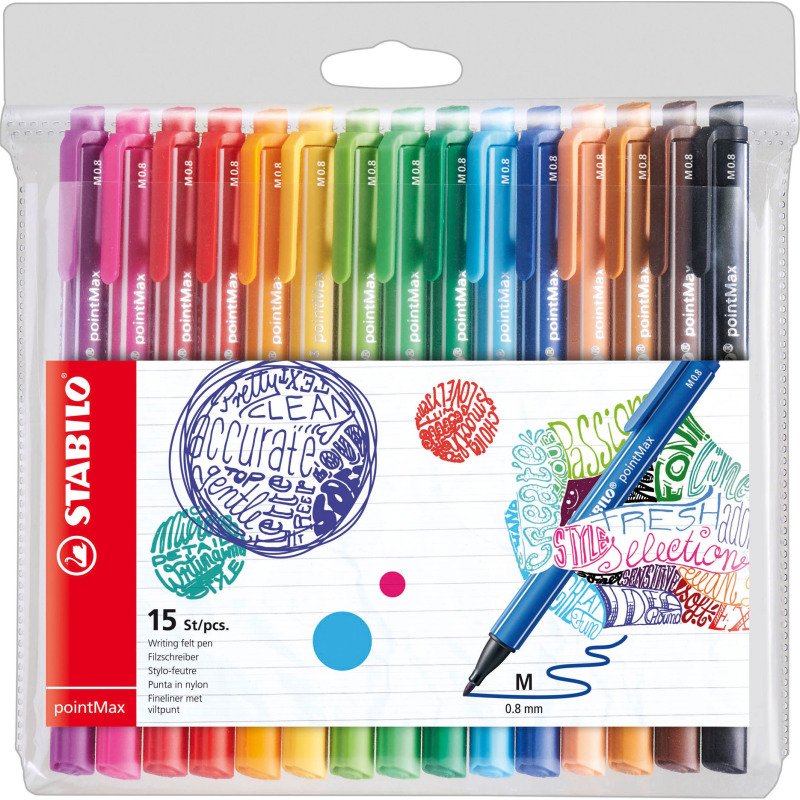 Stylo feutre Stabilo PointMax à capuchon pointe 1 mm - Pochette de 15