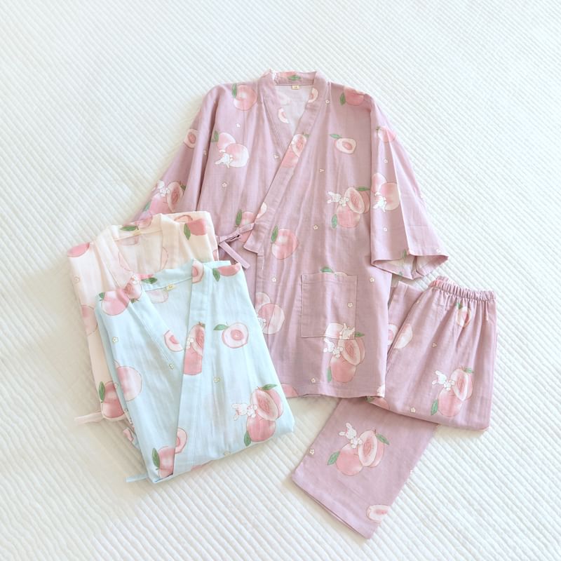 Finlies - Pyjamaset: Kimonotop met korte mouwen en perzikprint + broek