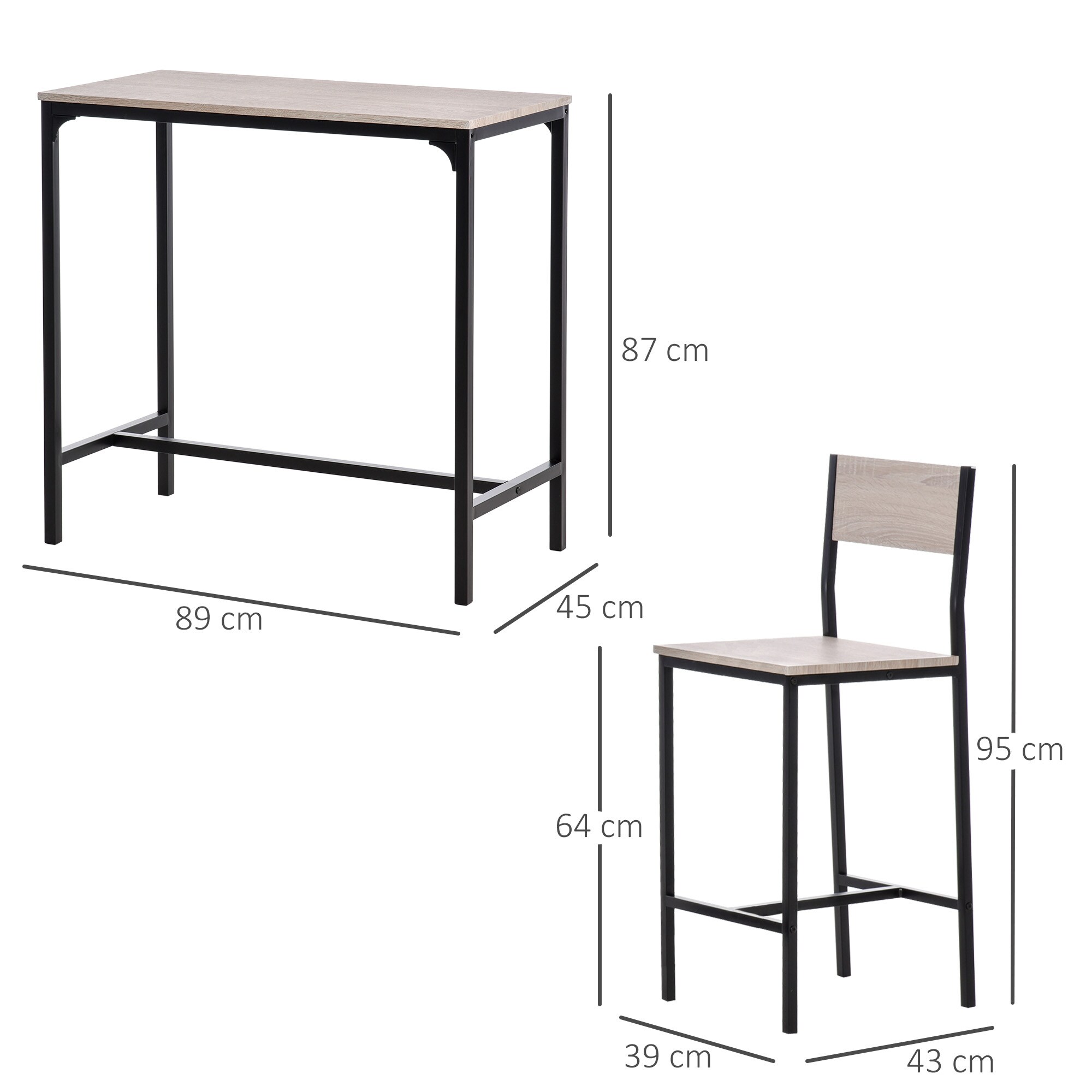 HOMCOM Bartisch mit 2 Stühlen natur, schwarz