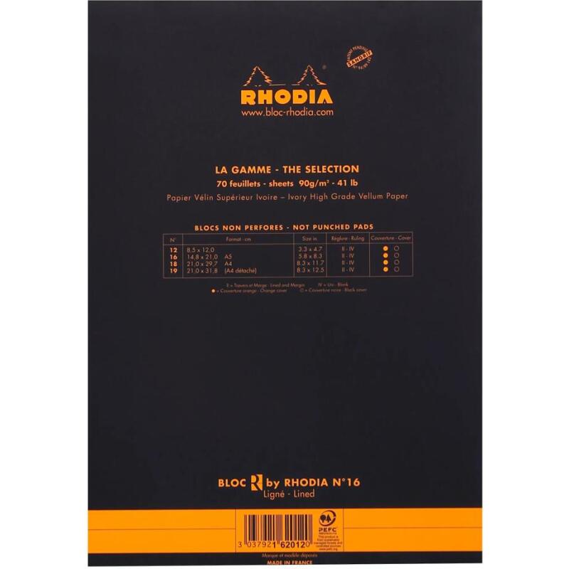 Bloc agrafé Rhodia le R N°16 14,8x21 cm 70 feuillets ligné 90g - Noir