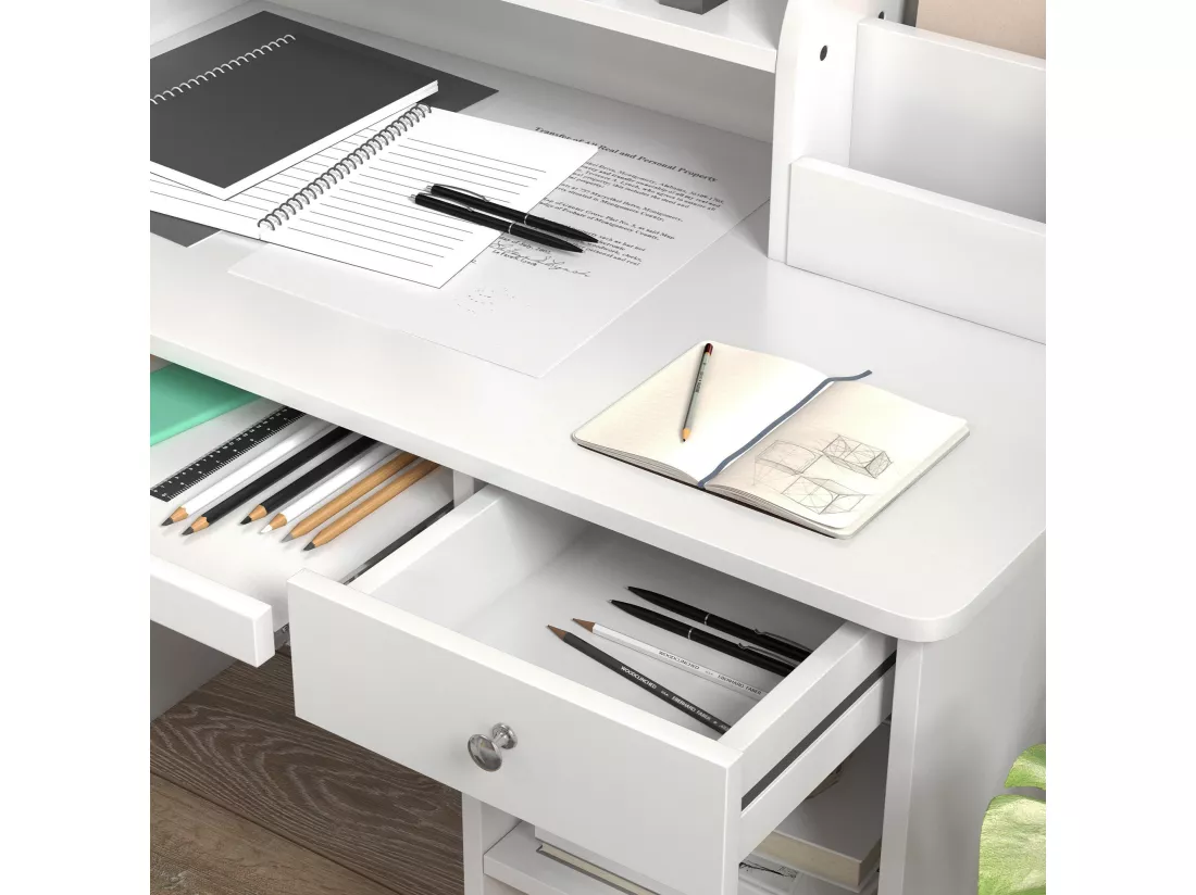 Bureau enfant multi-rangement - ensemble bureau, chaise, étagère - tiroir, plateau coulissant, 2 niches, 2 étagères, 2 présentoirs livres - blanc