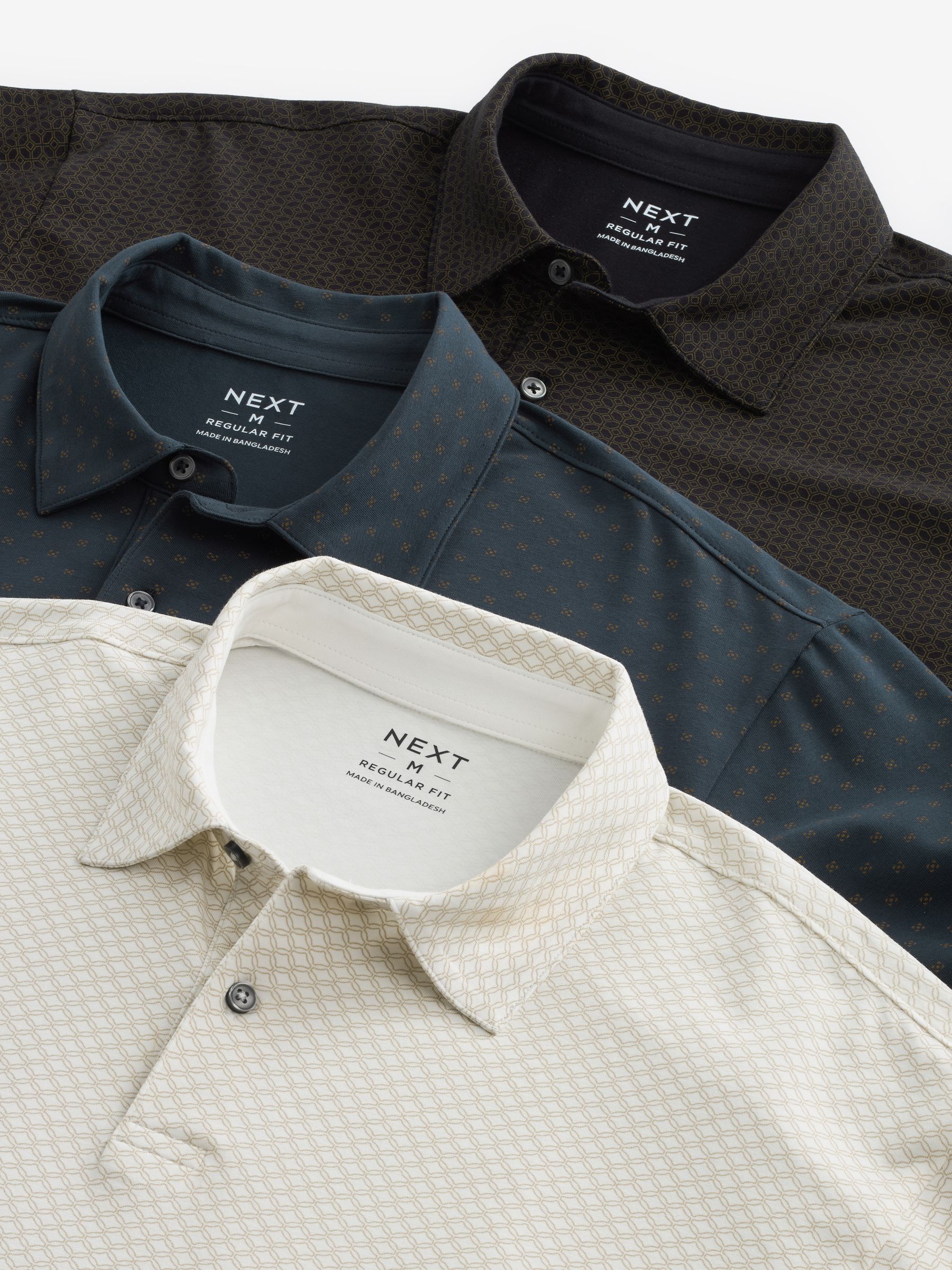 Wit/marineblauw/zwart met goudkleurige geometrische print - Set van 3 jersey poloshirts met korte mouwen