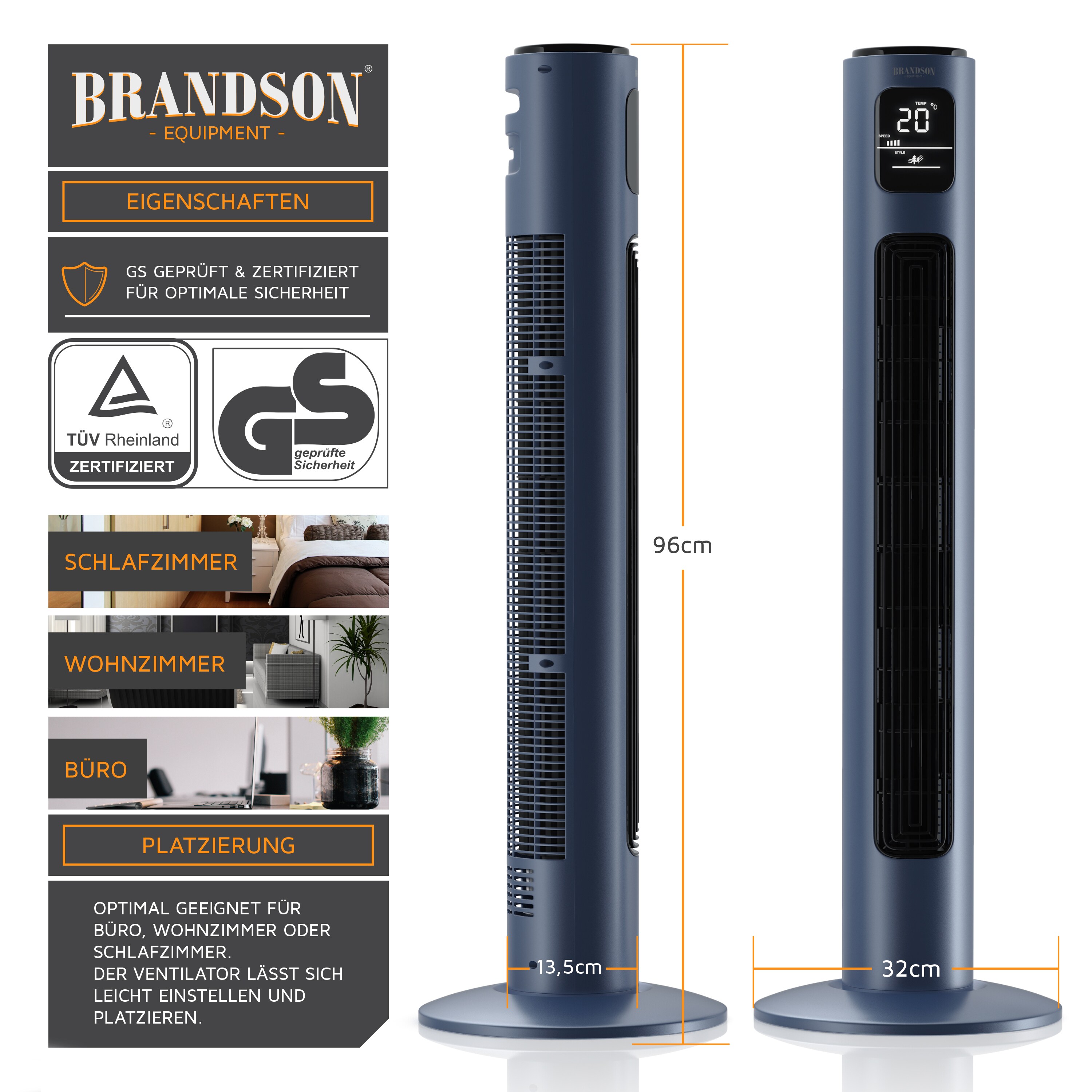 Brandson - Turmventilator mit Fernbedienung - Oszillation 60° - Standventilator - mobiler Lüfter - Tower Fan - 96 cm - 45W - Ventilator