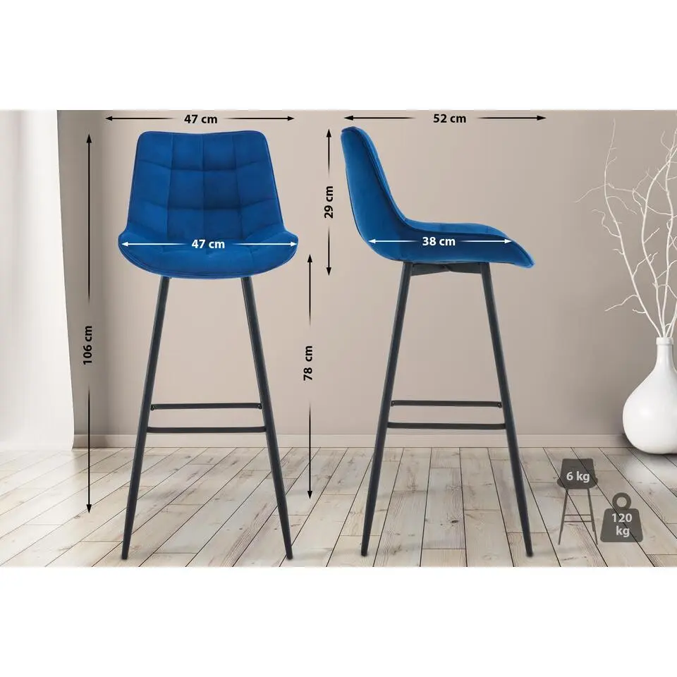CLP Set van 2 Barkruk Dartford mat zwart Frame - Fluweel - blauw
