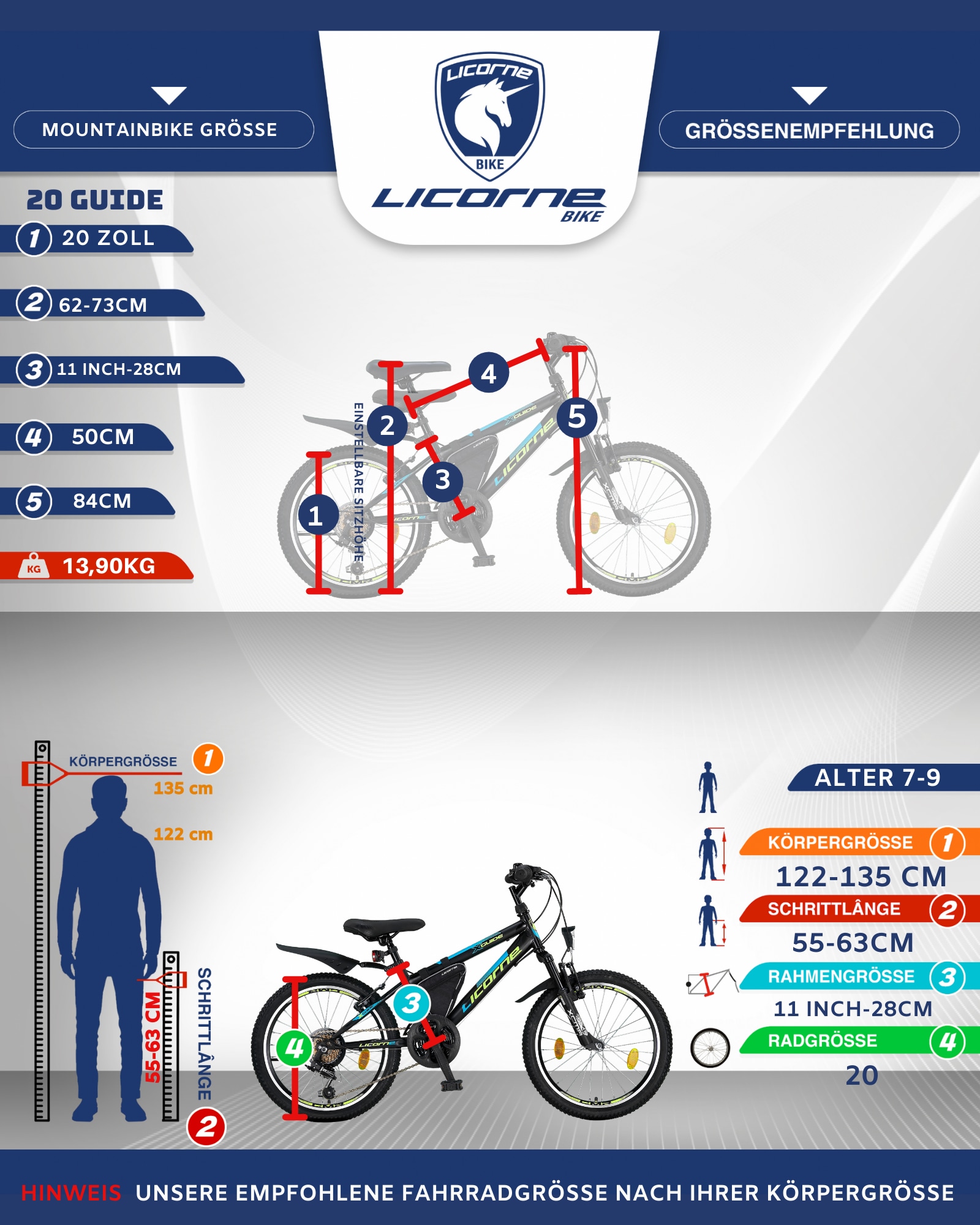 Licorne Bike Guide Premium Mountainbike in 20, 24 und 26 Zoll - Fahrrad für Mädchen, Jungen, Herren und Damen - Shimano 21 Gang-Schaltung, Kinderfahrrad, Kinder
