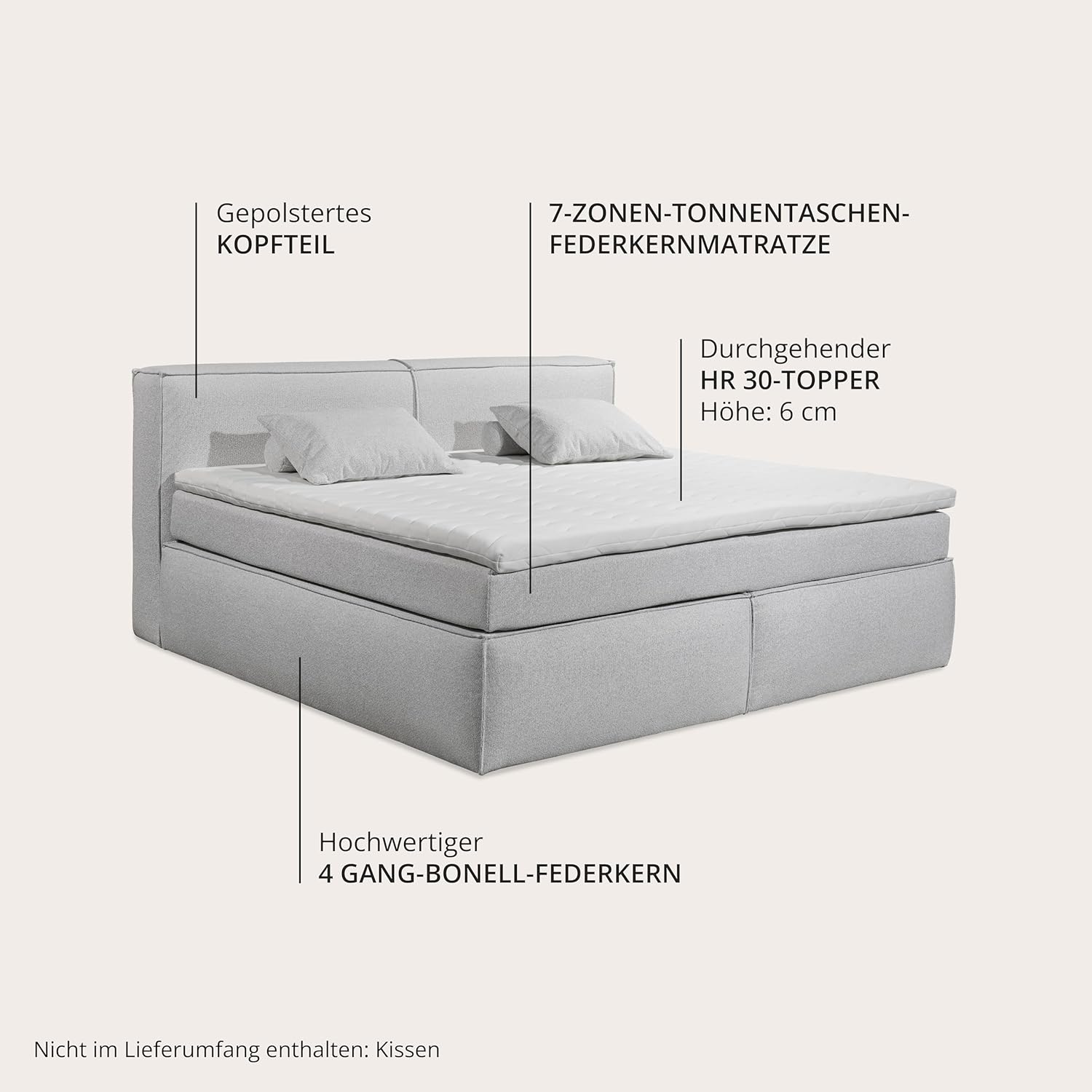 Boxspringbett Sandon Familienbett 240x200 in Silber – Duo-Wendematratze H3/H4 mit 7-Zonen-Tonnentaschenfederkern, 6 cm Topper & komfortable Liegehöhe 70 cm