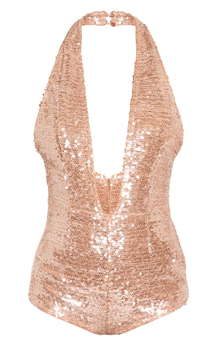 Doré Combinaison Moulante À Sequins Décolleté Plongeant