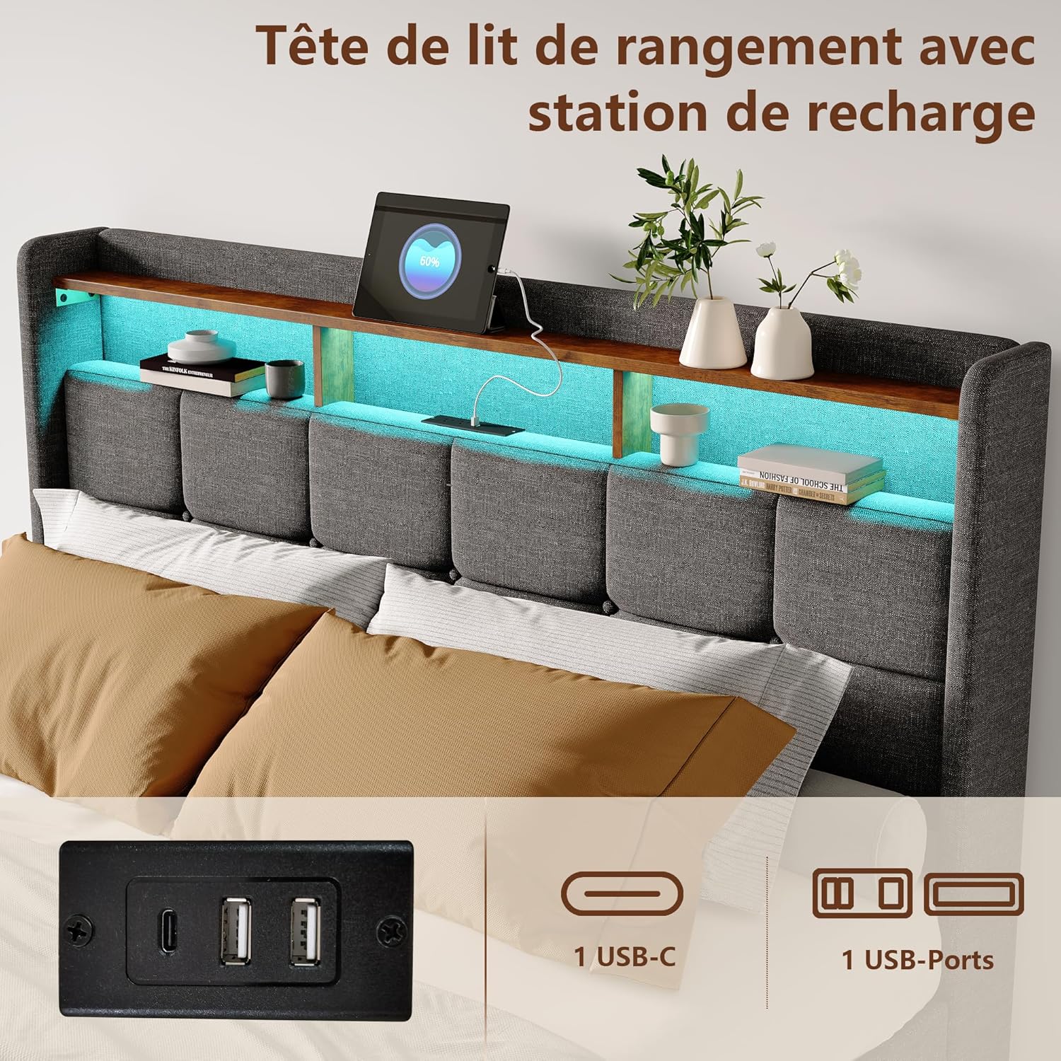 Polsterbett Doppelbett 140x200 cm, Bett 140x200 mit Bettkasten, Stauraumbett mit 4 Schubladen und Lattenrost, Staufach-Kopfteil mit LED-Beleuchtung und Ladestation(2 USB-Anschlüsse,1 Type-C),Leinen