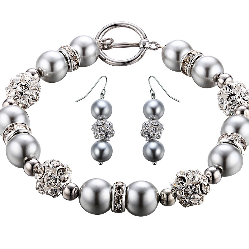 Parure Bracelet et Boucles d'oreilles Perles Argentées, Cristal et Plaqué Rhodium