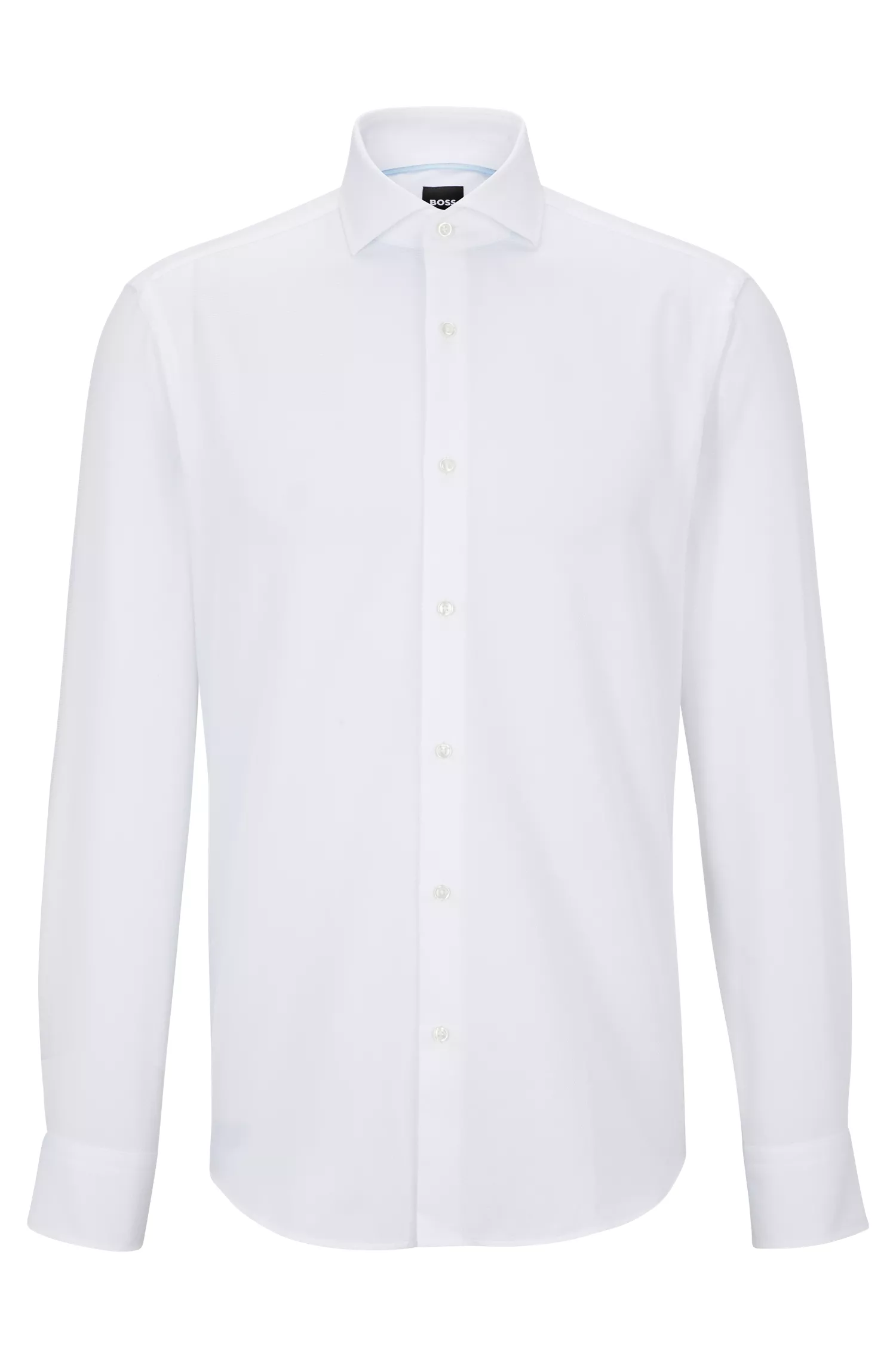 Camisa BOSS preta de corte regular em algodão orgânico estruturado.