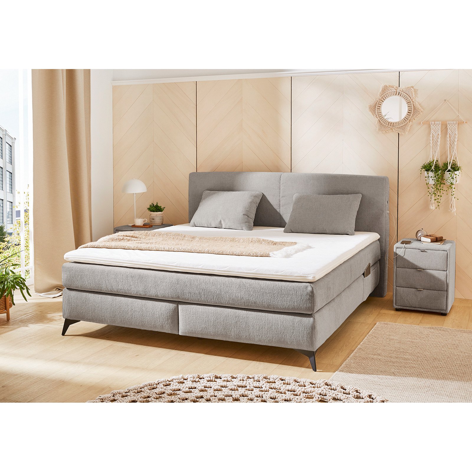 Boxspringbett Kira, Stoff Chenille, 180 x 200 cm, mit LED-Unterflurbeleuchtung mittelgrau
