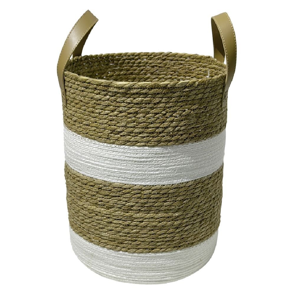 Panière ronde en jute naturel bandes blanches Ø30xH40 cm - LENA