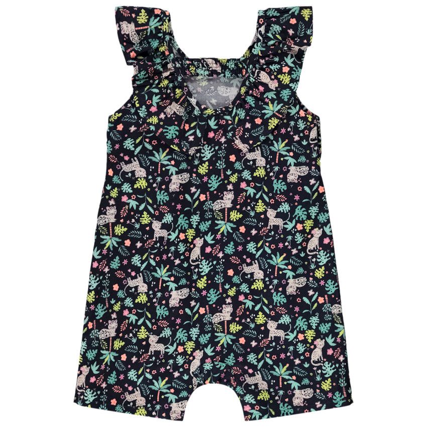 Combishort en voile imprimé jungle pour bébé fille - Bleu marine
