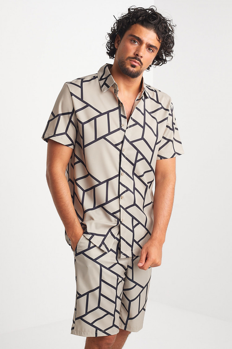 Ensemble 2 pièces chemise + short beige foncé à motif géométrique