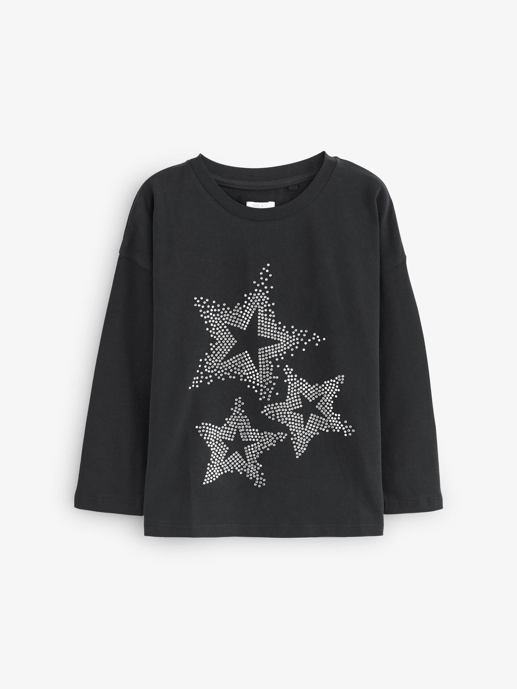 Zwart - T-shirt met lange mouwen van 100% katoen en een hart van pailletten (3-16jr)