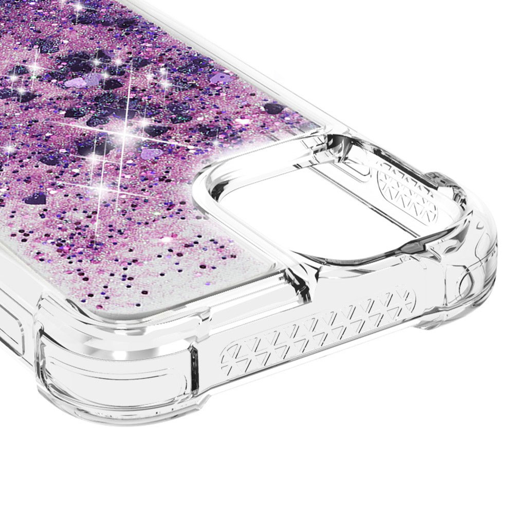 iPhone 13 Hardcase Hülle mit Air Cushion Fallschutz Liquid Case Glitzer Herzen - Lila / Transparent