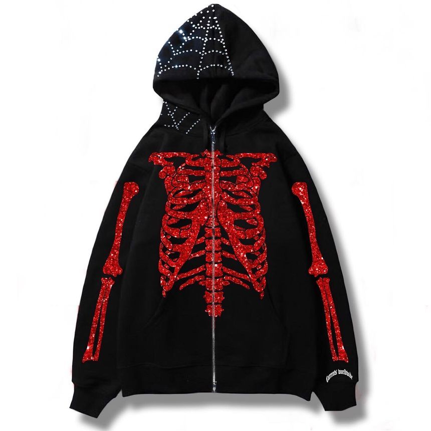 Jeshili - Hoodie met lange mouwen, spinnenweb en skelet, met strassmotief