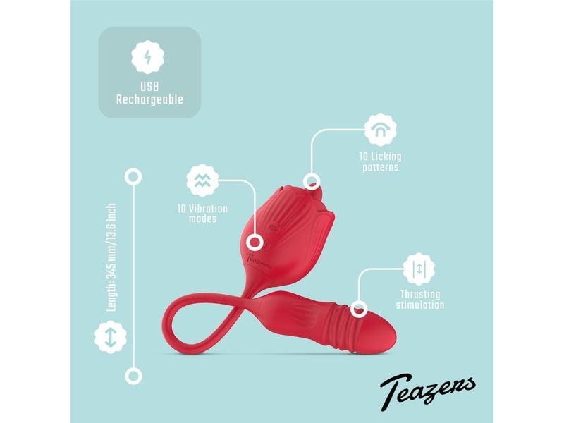 Teazers Rose Vibrator mit Stossdildo Rot Rose Vibrator wasserfest für vielseitige Nutzung