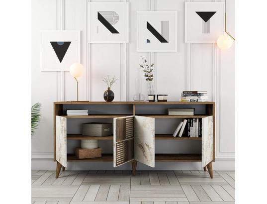 CONCEPT1 - Bahut Milan noyer marbre blanc 160 x 35 x 78cm