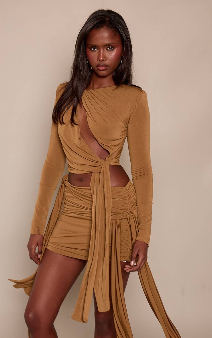 Vert Olive Ensemble Jupe Mini En Jersey Slinky Avec Détail Nœud