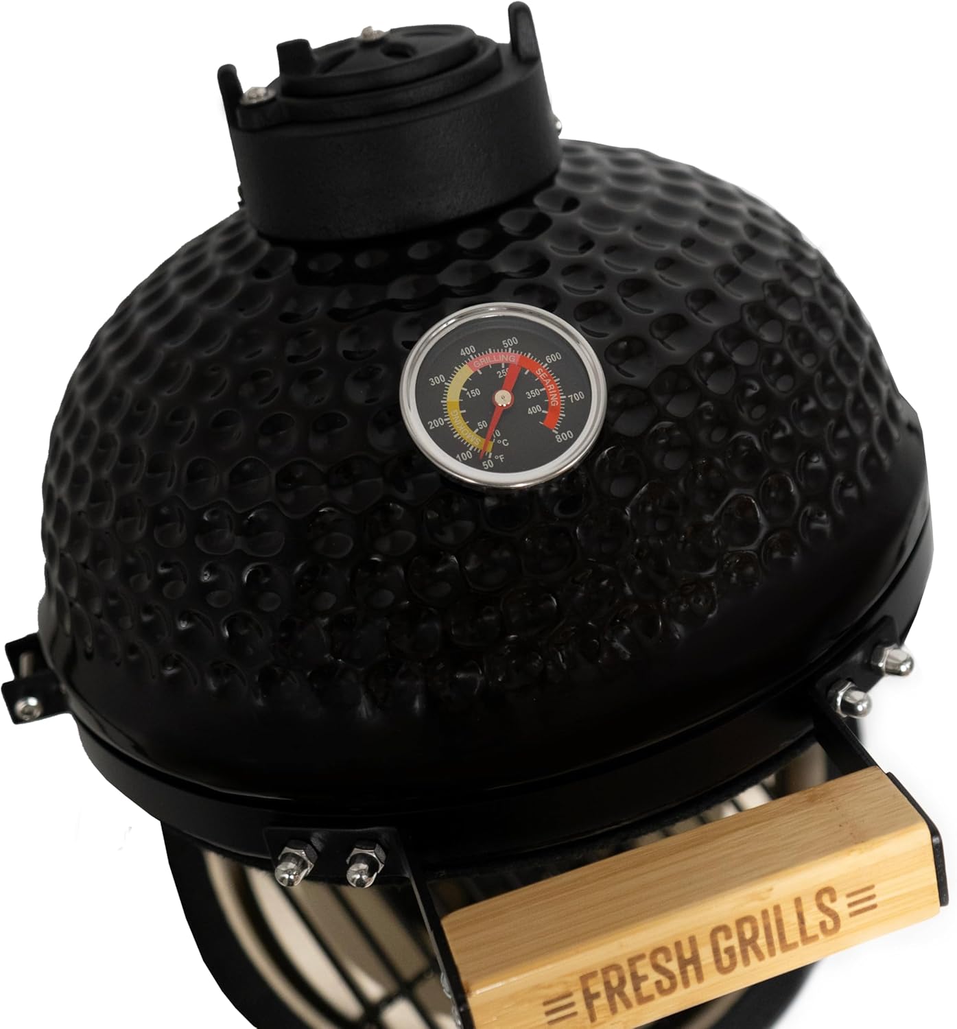 Fresh Grills 33cm Kamado Keramikgrill | Schwarz Holzkohlegrill BBQ Mini Ofen | Thermometer, Holzgriff, Oberer & Unterer Luftstrom | Outdoor Garten Grillen Garen Räuchern Smokern [mit Standfüßen]