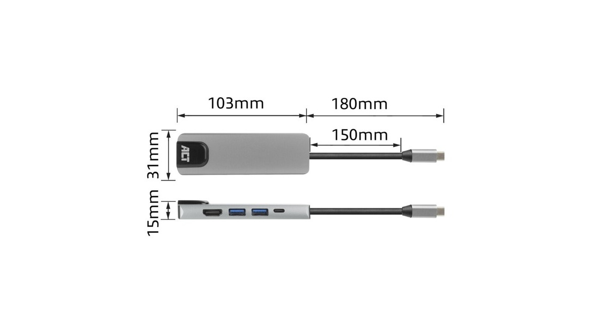 ACT ConnectivityUSB-C 4K docking station voor 1 HDMI monitor, ethernet, USB-A, PD pass-through  (Grijs)