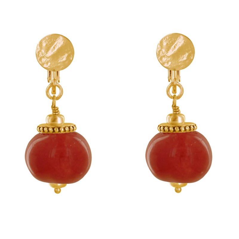 Boucles d'Oreilles Clip Métal Doré et Grosses Perles en Céramique