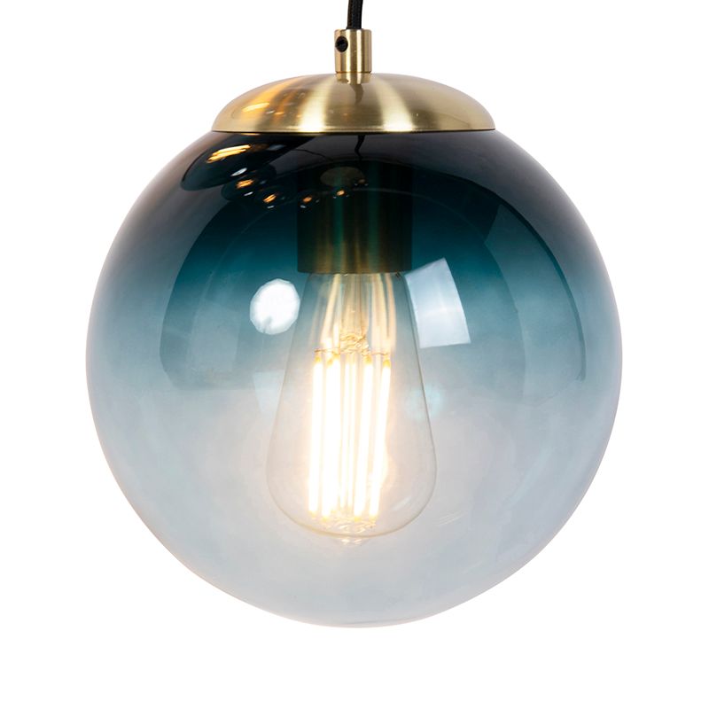 Art deco hanglamp messing met blauw glas 7-lichts - Pallon
