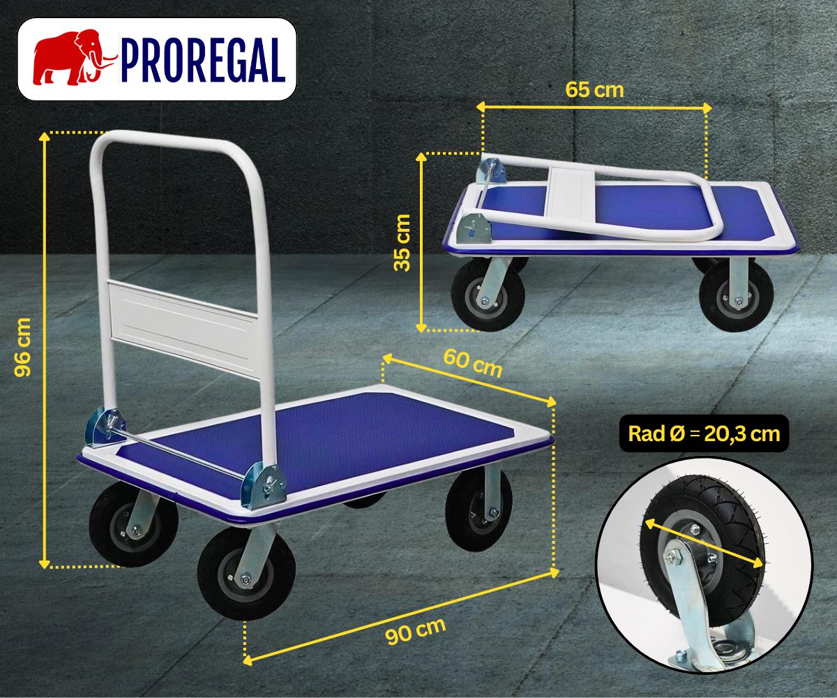 PROREGAL Opvouwbare transportwagen BIG RHINO HxBxD 96 x 90 x 60 cm Draagvermogen 300 kg Luchtbanden Wieldiameter 20,3 cm Blauwgrijs