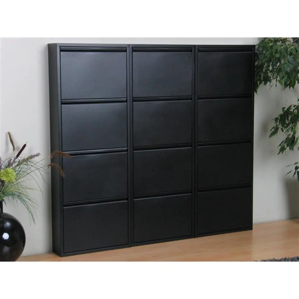 Hioshop Pisa schoenenkast zwart metaal met 4 vakken - set van 3
