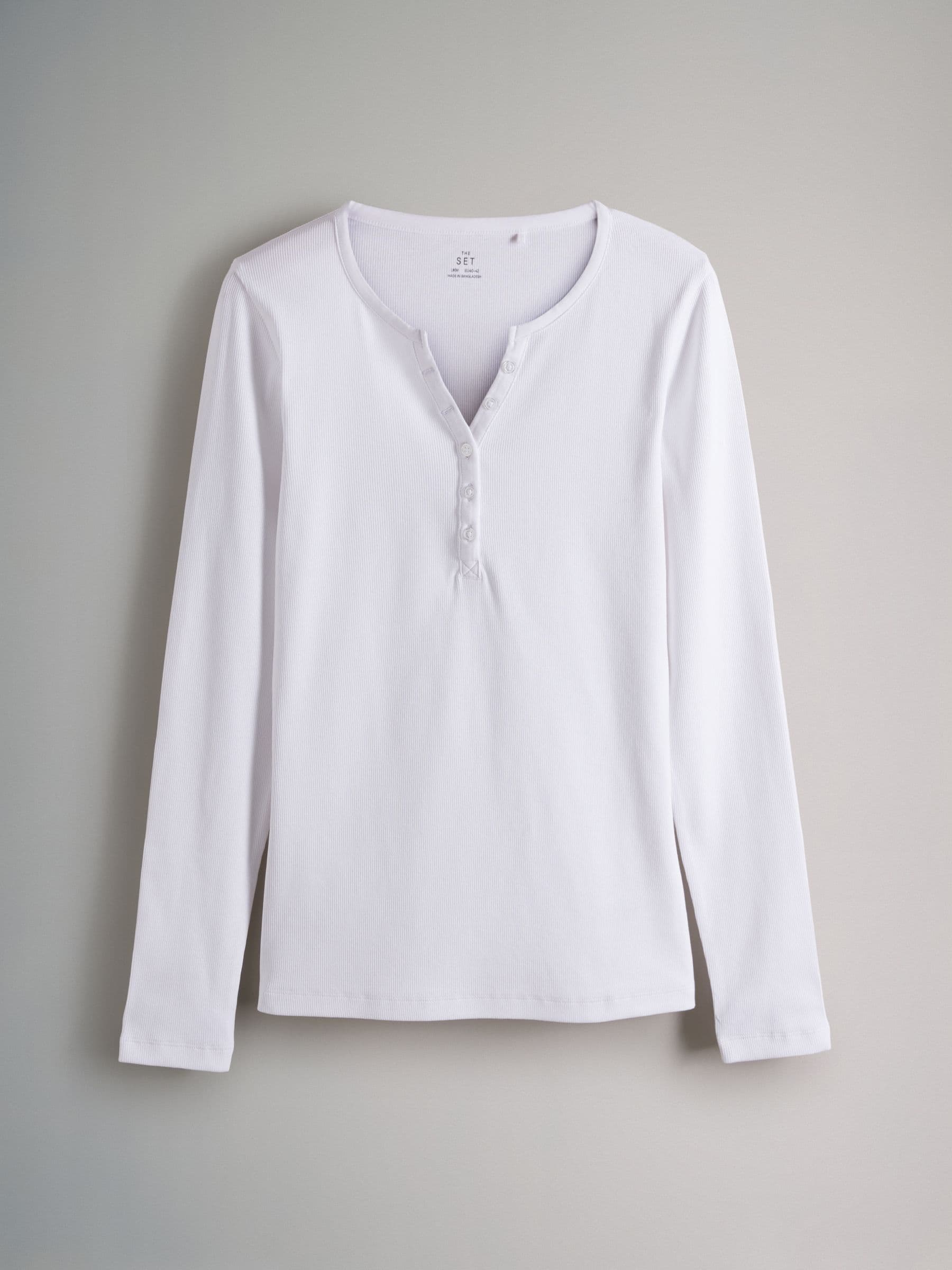 Zwart/wit/lichtgrijs/taupe bruin - The Set verpakking van 4 geribde Henley T-shirts met lange mouwen