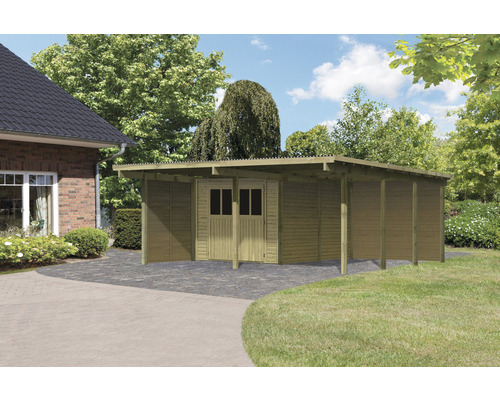 Dubbele carportset Karibu Eco 2 met geïntegreerde berging 7,3 m², één zij- en één achterwand 527 x 576 cm, drukgeïmpregneerd