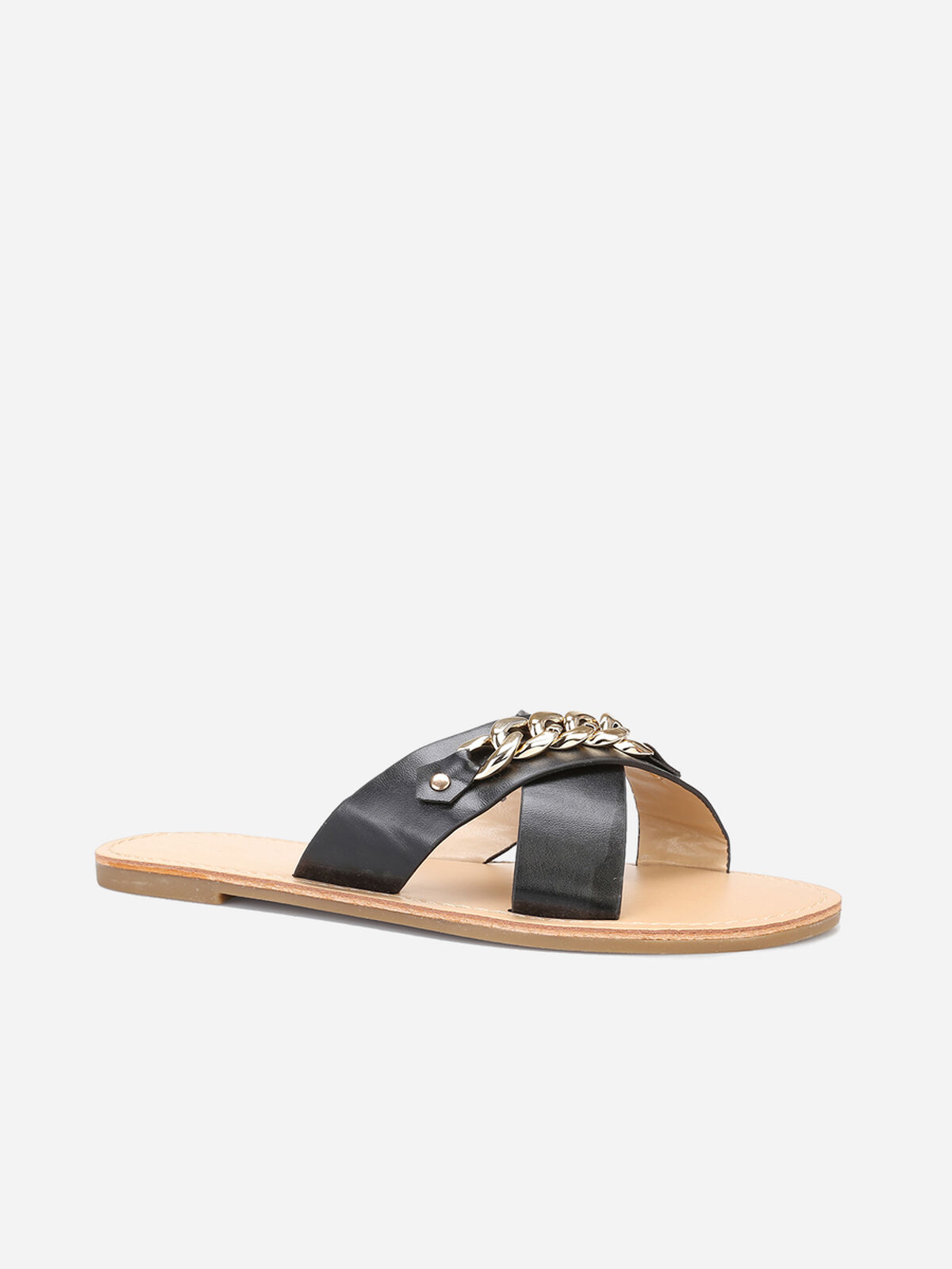 Mules à brides croisées et chaîne- Noir