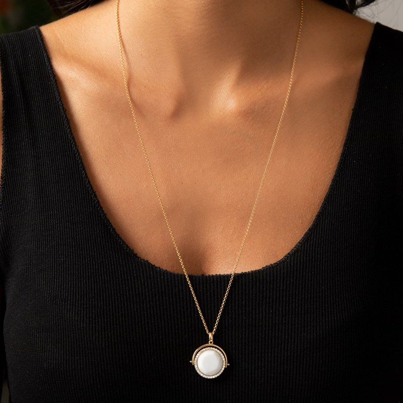Collier Médaillon Double Face Doré Cristal Blanc