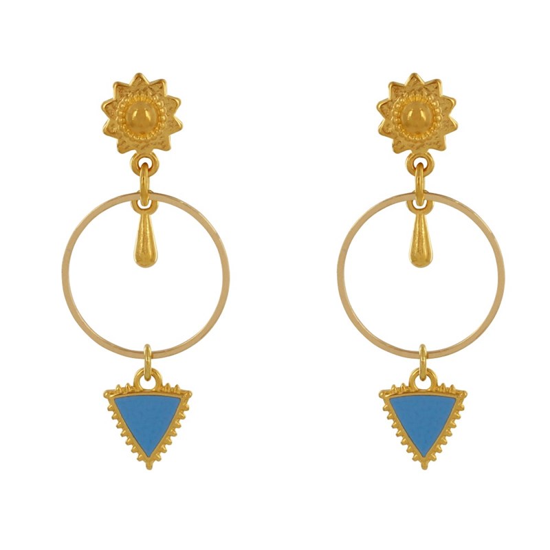 Boucles d'Oreilles Laiton Doré Cercle Goutte et Triangle Émaillé