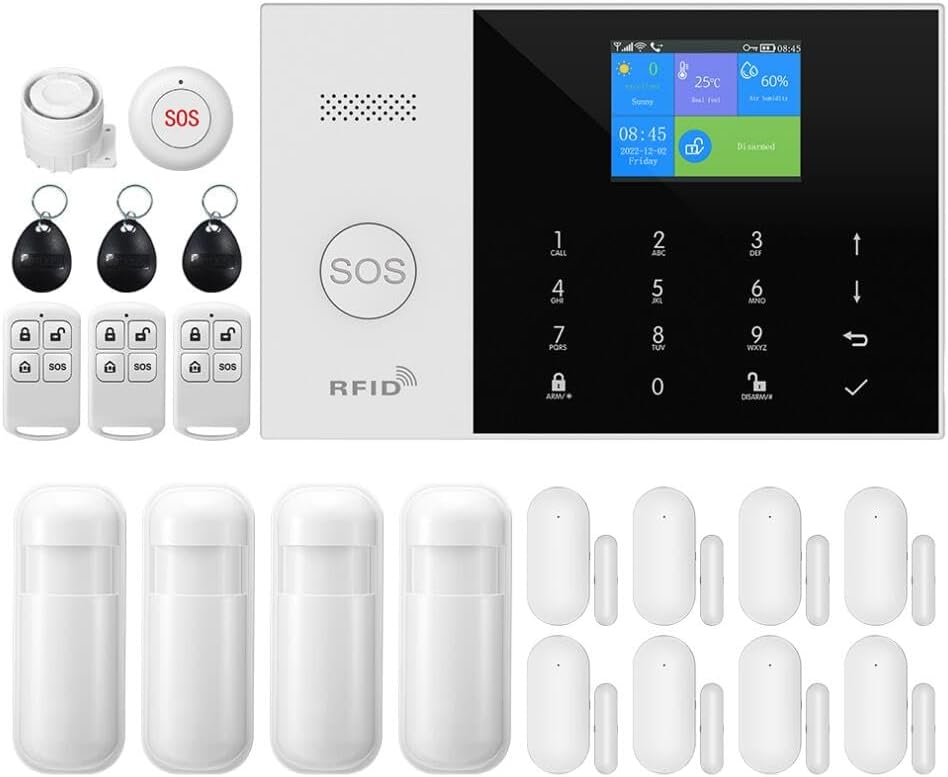 GSM Smart-Home-Sicherheitsalarm-Kit, drahtloses WiFi-Heimalarmsystem mit Sirene, PIR-Bewegungssensor, Fernbedienungen
