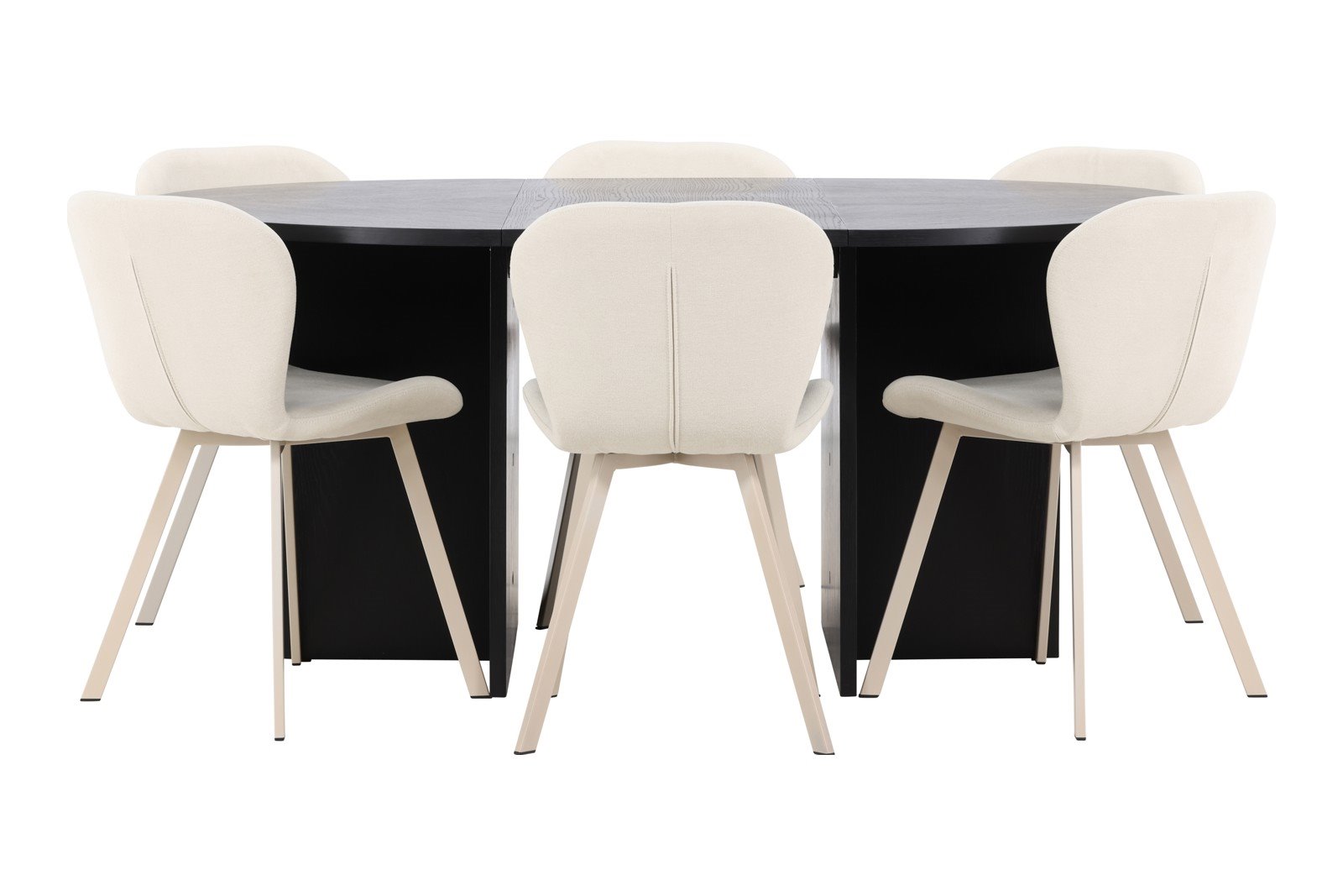 Strada og Lilja Spisegruppe Strada rundt spisebord ø120cm i sort med 6 stk.Lilja spisestoler i Beige og hvite ben. Kan bli 170 cm ved bruk av tilhørende ileggsplater.