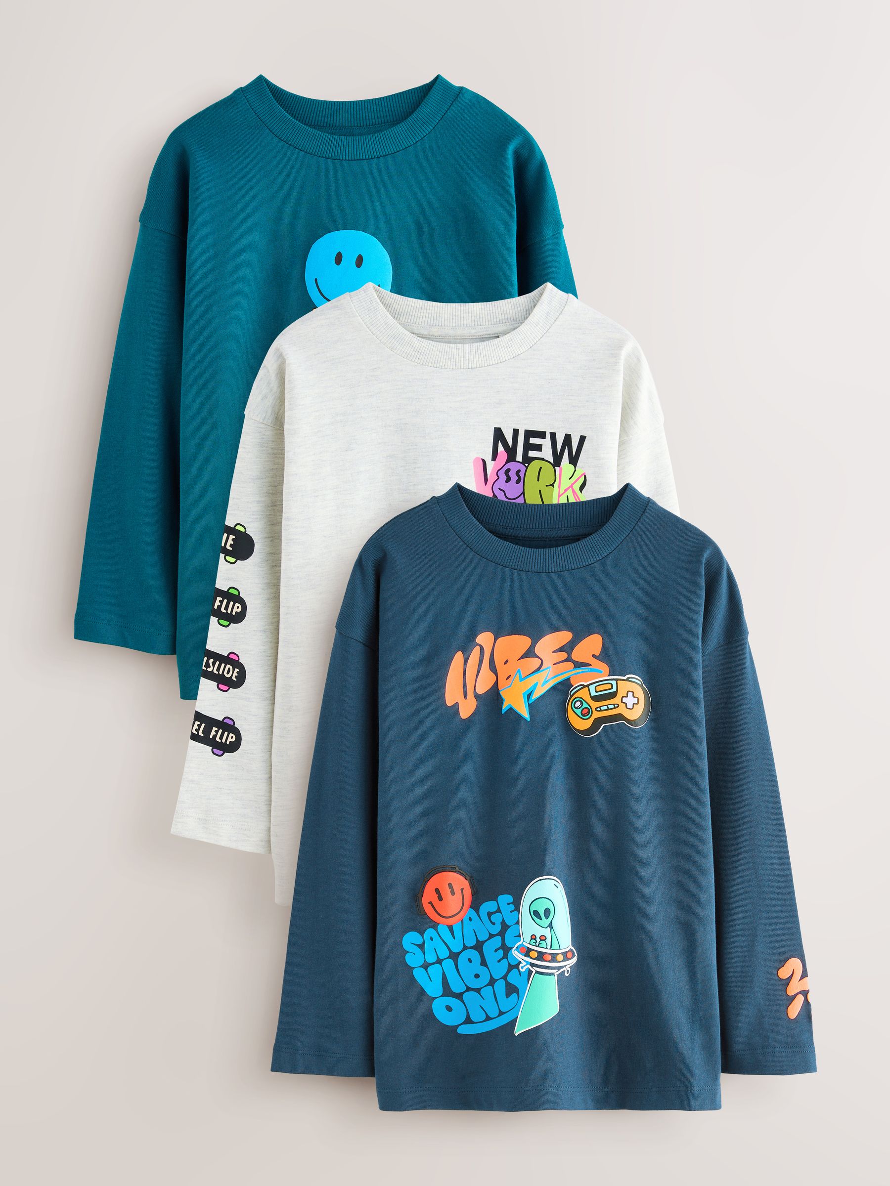 Blauwgroen/blauw/grijs felle graffiti - 3 Relaxed Fit T-shirts met grafische print en lange mouwen (3-16jr)