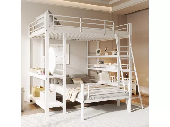 Lit superposé, cadre en métal, lit en mezzanine, 140*200, lit multifonctionnel avec plusieurs compartiments de rangement, blanc