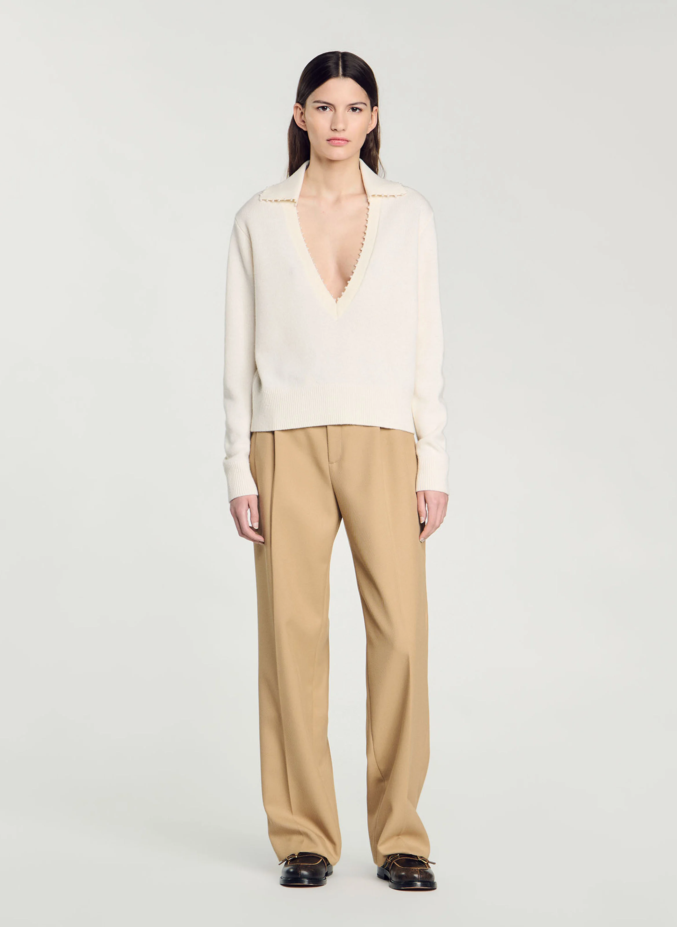 Pull ample col polo en laine| Blanc