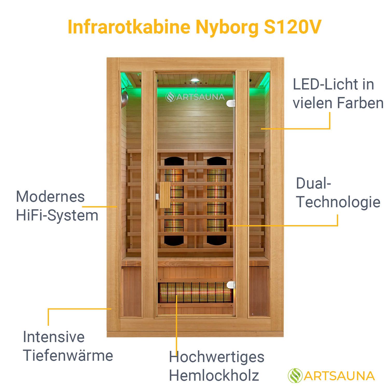 Artsauna Infrarotkabine Nyborg S120V Vollspektrumstrahler & Ambiente LED Beleuchtung – Kabine für 2