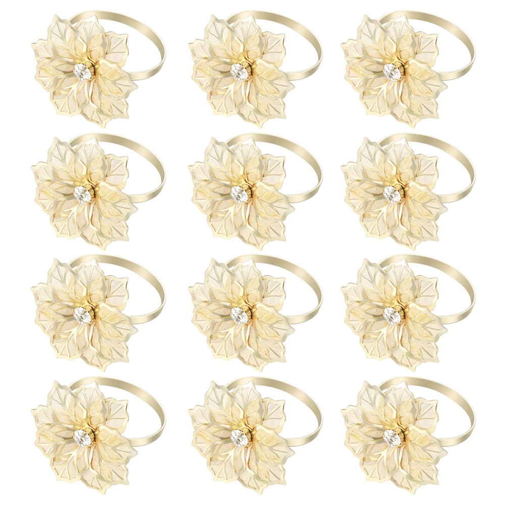 (12er Set) Ø4cm Metall Serviettenring Tischdeko Strass Blumen Tuchhalterung - Gold