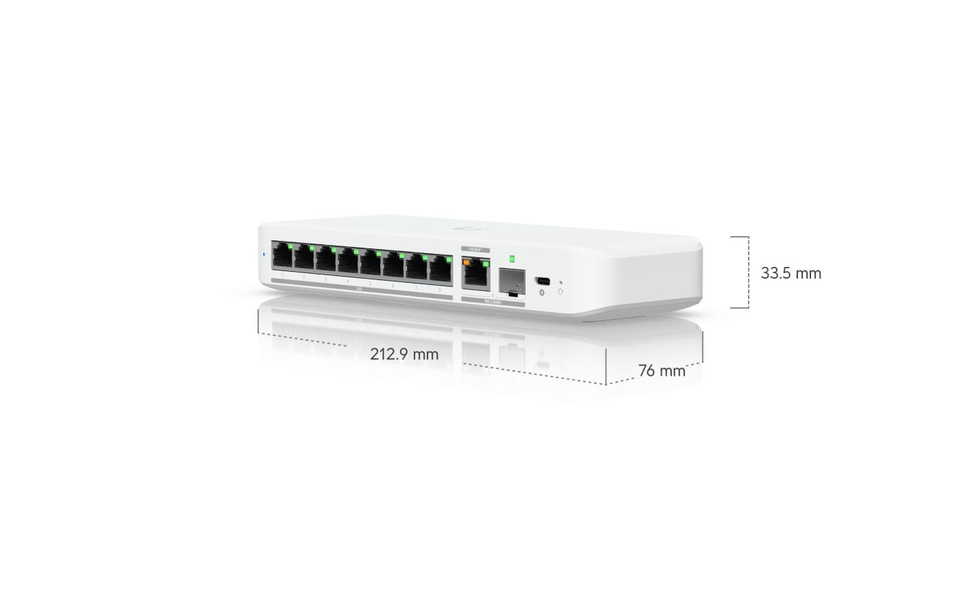 Switch UniFi Flex 2.5G 9 Port<br>Kompakter 8-Port 2.5-GbE-Switch mit 10-GbE-RJ45/SFP+-Uplink und flexibler Stromversorgung über USB-C oder PoE+