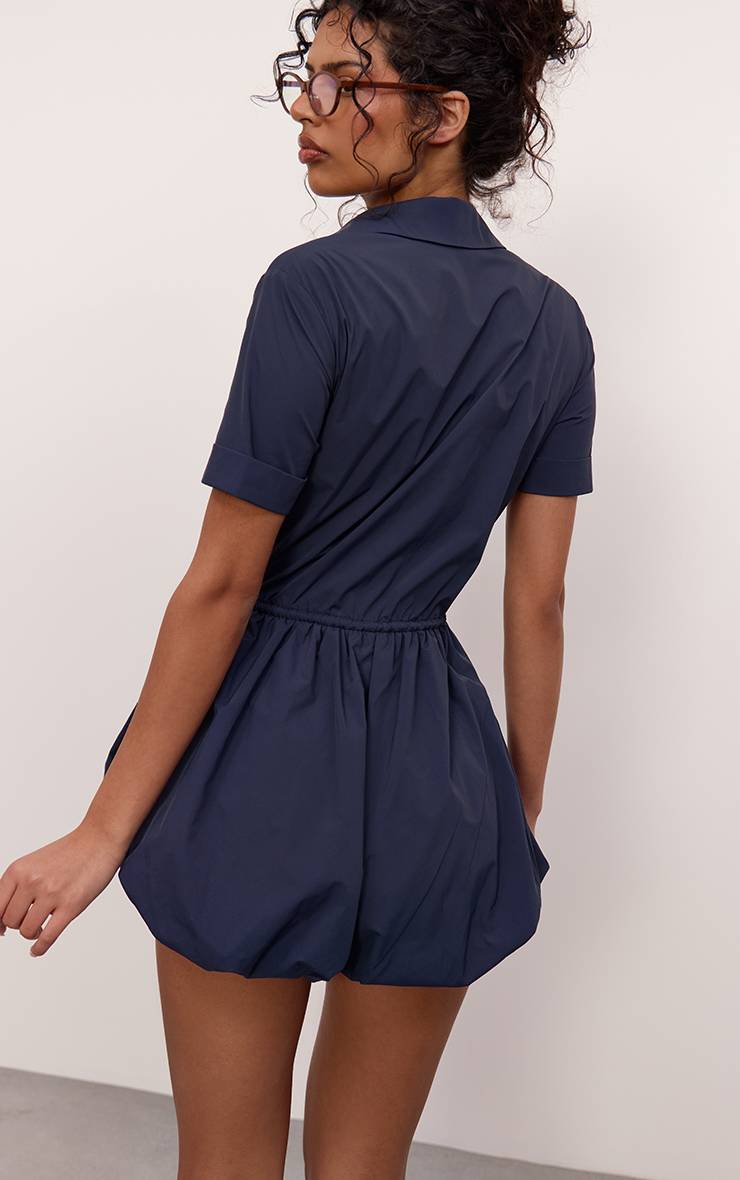 Bleu Marine Combi-short À Manches Courtes Avec Ceinture Contrastante À Nouer